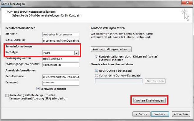 Auf der folgenden Seite geben Sie bitte Ihre persönlichen Daten und die STRATO Serverdaten ein und klicken Sie auf den Weiter-Button.