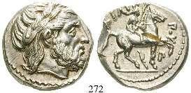 mit Löwenfell / Thronender Zeus l., hält Adler und Zepter, Beizeichen DH und Monogramm unter Thron. Price 1180.