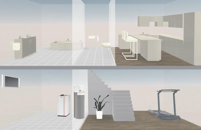 Hobbyraum mit Heizungs-Wärmepumpe Wärmerückgewinnung aus der Abluft zur Warmwasserbereitung Nebennutzen Wohnraumlüftung (hygienisches 1-Rohr-System, Luftführung