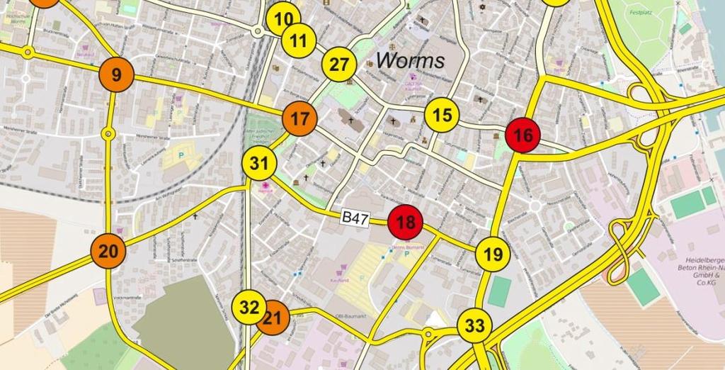Innenstadt (Zeitraum 2011 2015) Insgesamt 37 verschiedene Unfallhäufungsstellen in der Gemarkung Worms,