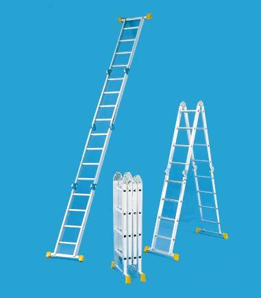 Zu Mehrzweckleitern zählen auch Leitern, deren Schenkel durch selbsttätig sperrende Gelenke miteinander verbunden sind und sich als Anlege-, Stehleiter oder Kleinstgerüst aufstellen lassen.