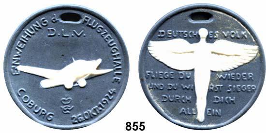 MEDAILLEN AUS PORZELLAN 93 Andere Hersteller Goebel/Rödental 855 Blau/grüne Medaille 1924. D. L. V. Einweihung der Flugzeughalle. 45 mm.