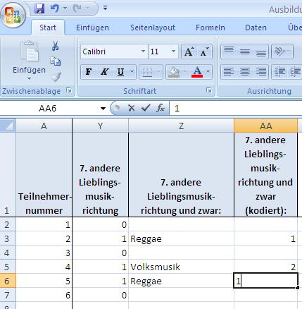 FRAGEBÖGEN Antworten werden in Excel übertragen eine Liste mit allen gegebenen Antworten wird angefertigt, wobei