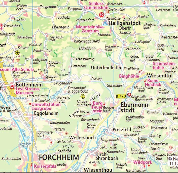 3 Täler-Rundtour durch die Fränkische Schweiz (57 km) 3 Täler-Rundtour durch die Fränkische Schweiz (57 km) Reizvolle Tour durch das Leinleiter-, Wiesent- und Regnitztal mit sehenswerten Orten,