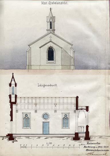 Christian Gottfried Hämmerle: Entwurf für die Friedhofkapelle, Februar 1884. konnte Hämmerle mit dem mittleren Eingang eine symmetrische Seitenfassade entwickeln.
