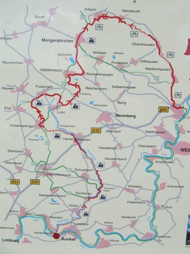 (Karte von einer offizielle Infotafel entlang des Kerkerbach-Weges) In diesem Text ist die Richtung der Wanderung/Fahrt von der Höhe abwärts nach Kerkerbach gewählt, nicht