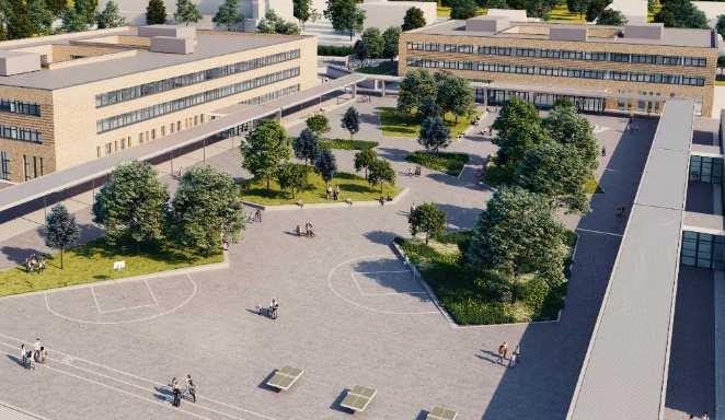 Merkmale des Angebotes Schulhof als neue Mitte des Campus mit vielseitigen Nutzungen Ruhige harmonische Fassadengestaltung unter