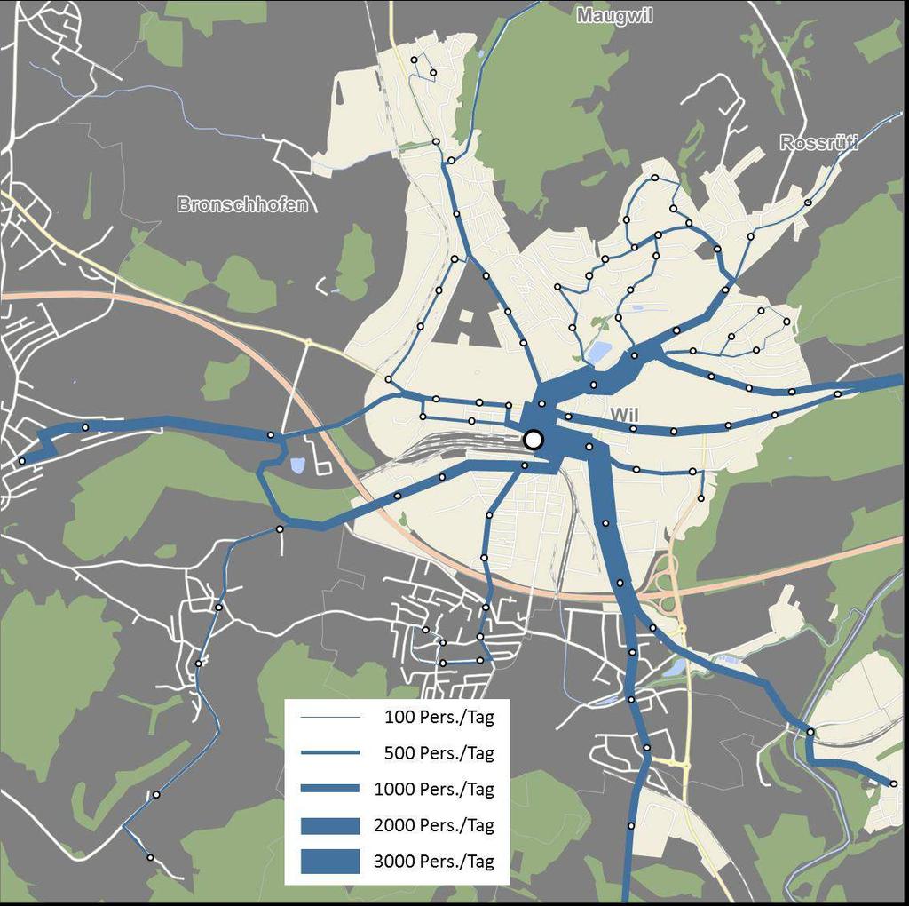 13 2.1.2. ÖV-Nachfrage Netzbelastung Abbildung 6 zeigt die Netzbelastung der Stadt- und Regionalbuslinien mittels der durchschnittlichen Besetzung pro