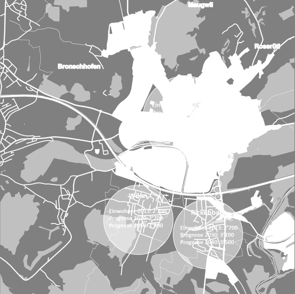 Abbildung 10: Siedlungspotenziale 2030 / 2040 Bevölkerungsprognose der Stadt Wil gemäss Agglomerationsprogramm: Einwohner in Wohn- und Mischzonen 2013: 21'800, 2030: 24'100 (+2'300),