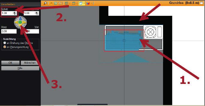 Der Heizeinsatz wird nun in der Ansicht Grundriss verschoben. Wählen Sie die entsprechende Front. 3. Markieren Sie mit einem Klick den Heizeinsatz in der Ansicht Grundriss.