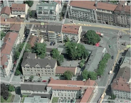 Momentanes Aussehen des Marienplatzes Alternative B : Großzügige Gesamtlösung, Abriss und Neubau inklusive Platzvergrößerung.