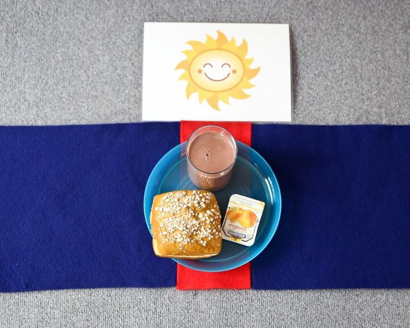 Schritt 3: Nach dem Aufstehen am Morgen (Laminat Sonne) ist Frühstückszeit. Zeigen Sie den Teller mit dem Frühstück zuhause.