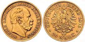 , 20 Mark, Gold, 1875 A, sehr schön. 180,00 F 117 Jaeger 246 PREUSSEN, Wilhelm I.