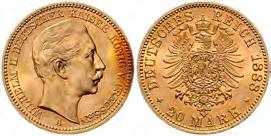 , 20 Mark, Gold, 1888 A, vs. etwas fleckig, vorzüglich- Stempelglanz.