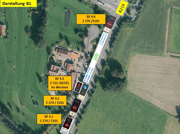 Der GST folgt dem Verlauf der B219 über die beampelte Auffahrt der BAB 30 FR Osnabrück hinaus. Er überquert diese bei Grünlicht und stoppt hinter der Einmündung am rechten Fahrbahnrand.