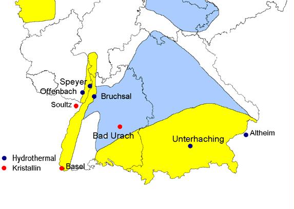 integriert in eine bestehende Fernwärmeversorgung auf der Basis Thermalwasser Offenbach/Pfalz: EGS-Kraftwerk (geplant) Soultz-sous-Forêts (Frankreich): Zentrale