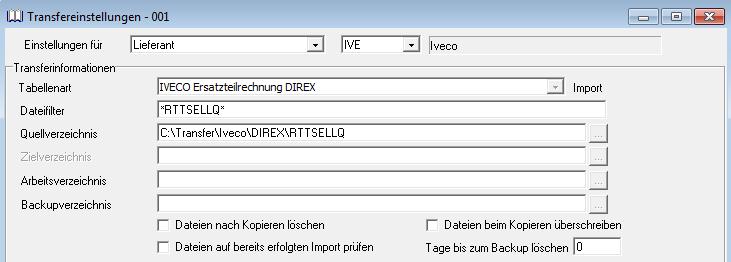 Es muss IVECO Import DIREX RTTRINEV (358) ausgewählt werden. Der Dateiname ist variabel, nur die Dateiart ist fix. Daher *RTT RTTRINEV RINEV* angeben. Verzeichnis, wo die B2B-Dateien zu finden sind.