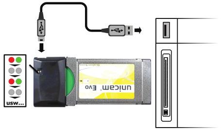 Bevor das CAM nun zur Gänze in den CI-Slot geschoben wird, muss der Programmer mittels USB mit Strom versorgt werden. In den meisten Fällen würde der Strom vom CI-Slot bzw.