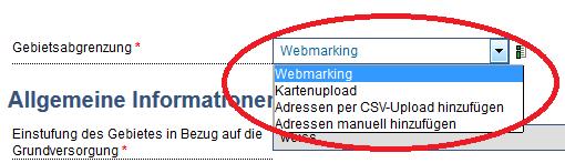4.1.2.1 Webmarking Um auf der Plattform ein Gebiet erzeugen zu können, kann als Gebietsmarkierung das Webmarking ausgewählt werden.