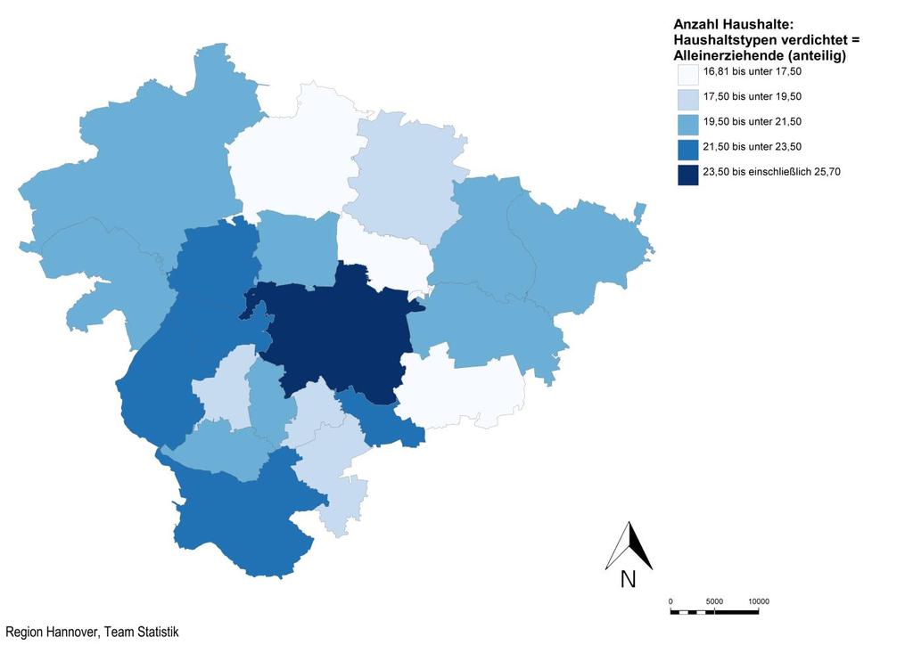 Abbildung 1: Anteil Alleinerziehender nach Städten und Gemeinden in der Region Hannover Abweichungen gibt es hinsichtlich des Anteilswertes, den Alleinerziehenden an allen Familienhaushalten bilden.
