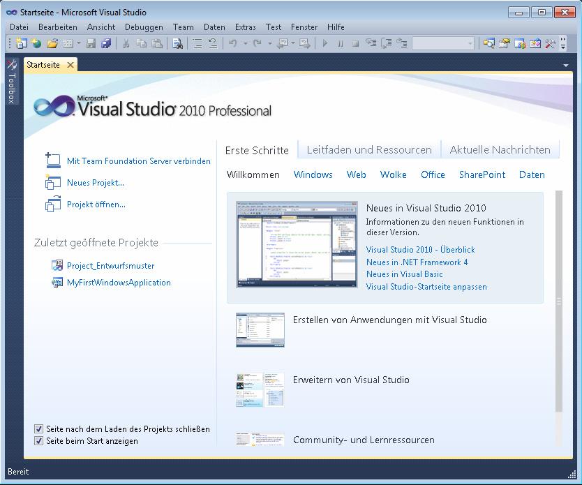 Die Entwicklungsumgebung Visual Studio 2010 3 Die Startseite im Überblick Die Startseite wird standardmäßig bei jedem Start von Visual Studio 2010 angezeigt.