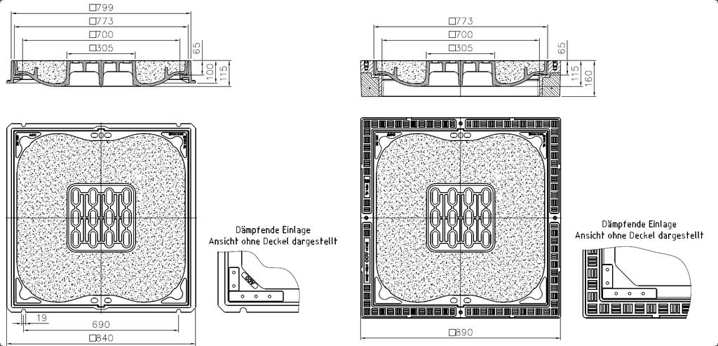 Kabelschachtabdeckungen Klasse D400 und F900, lichte Fläche 700x700 BEGU Deckel; Rahmen aus Gusseisen (D400): BEGU-Deckel; BEGU-Rahmen (D400) Ausführung ohne Lüftung