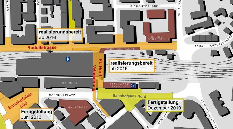 Überblick Stand der städtischen Genehmigungsverfahren Rudolfstrasse/Velostation - Planauflage Juni 2016 (StrG) - Projektfestsetzung SR noch offen - Realisierungsbereit Ende 2017 PU-Nord + Veloquerung