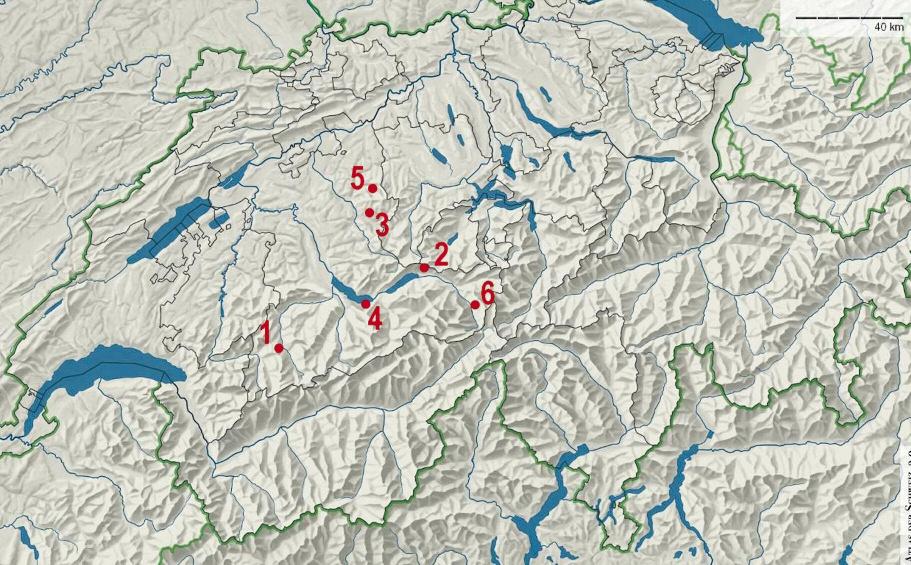 50 Abschätzung von Oberflächenabflussbeiwerten bei konvektiven Starkregen Abbildung 5-1: Lage der sechs Einzugsgebiete (Kartengrundlage: Atlas der Schweiz 2.0, Kartographie ETHZ, 2005).