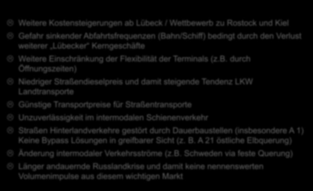 Intermodal-Hub Lübeck Risiken Weitere Kostensteigerungen ab Lübeck / Wettbewerb zu Rostock und Kiel Gefahr sinkender Abfahrtsfrequenzen (Bahn/Schiff) bedingt durch den Verlust weiterer Lübecker