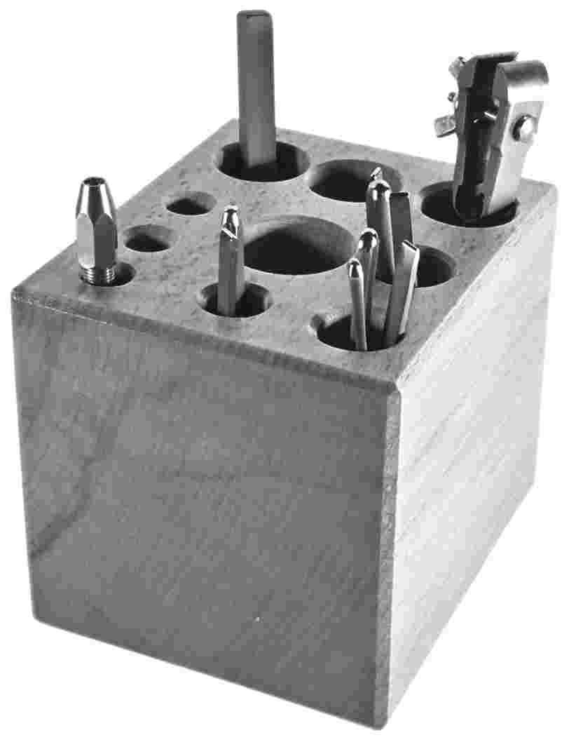 Werkzeugaufbewahrung Bohrer-/Fräserständer Holzblock für Sägeblätter rund 12 Löcher 100 mm hoch Artikel-Nr. 31 04 012 Fräserkasten aus Holz Deckel 72 Löcher Artikel-Nr.