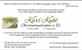 Ansprache von Schulleiter Stefan Kremer auf der Trauerfeier für Karl Kuhl Karl Kuhl war ein beeindruckender Mann. Sein Leben in wenigen Sätzen zu würdigen, ist unmöglich.