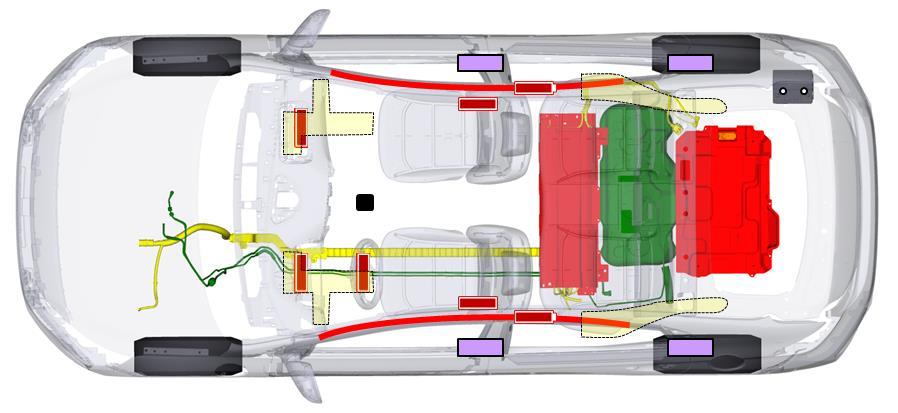 Muss das Fahrzeug aufgeschnitten werden, ist stets besonders auf das Airbagsystem, die orangefarbenen Hochvoltleitungen und andere Hochvoltkomponenten zu achten; diese Teile dürfen nicht