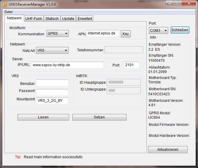 Konfiguration des GNSS-Rover mit Software "GNSSReceiverManager" Netzwerk Tragen Sie die Zugangsdaten für Ihren Korrekturdatendienst (z.b. Sapos) ein.