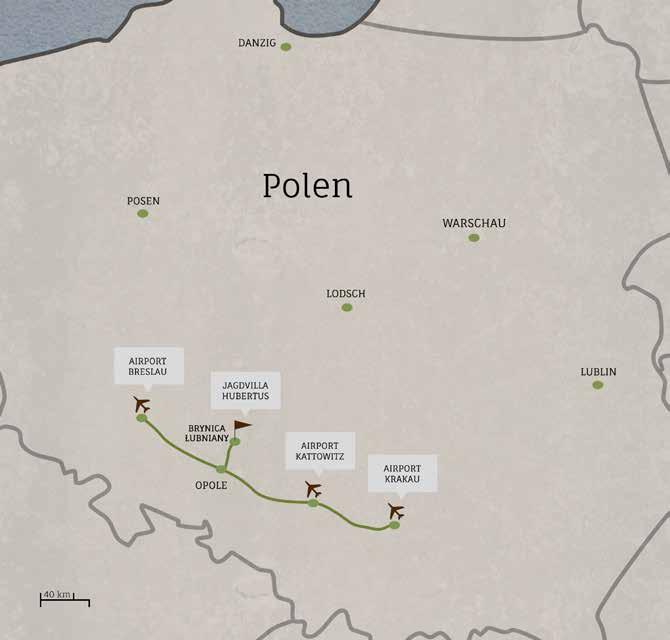 Flugreise nach Polen Polen Unsere Jagdvilla Hubertus Hunting Lodge hat eine perfekte Lage, da sie nur 85 km von dem modernen, gerade geöffneten Flughafen in Breslau entfernt liegt.