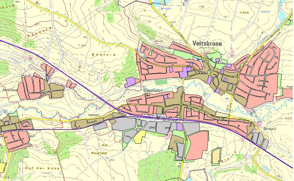 Flächennutzungsplan; (Quelle: Rauminformtionssystem RIS-View) In Siegelsdorf befinden sich südlich der Bahnlinie gewerbliche Bauflächen (grau eingefärbt) sowie am westlichen Ortsrand von Siegelsdorf,