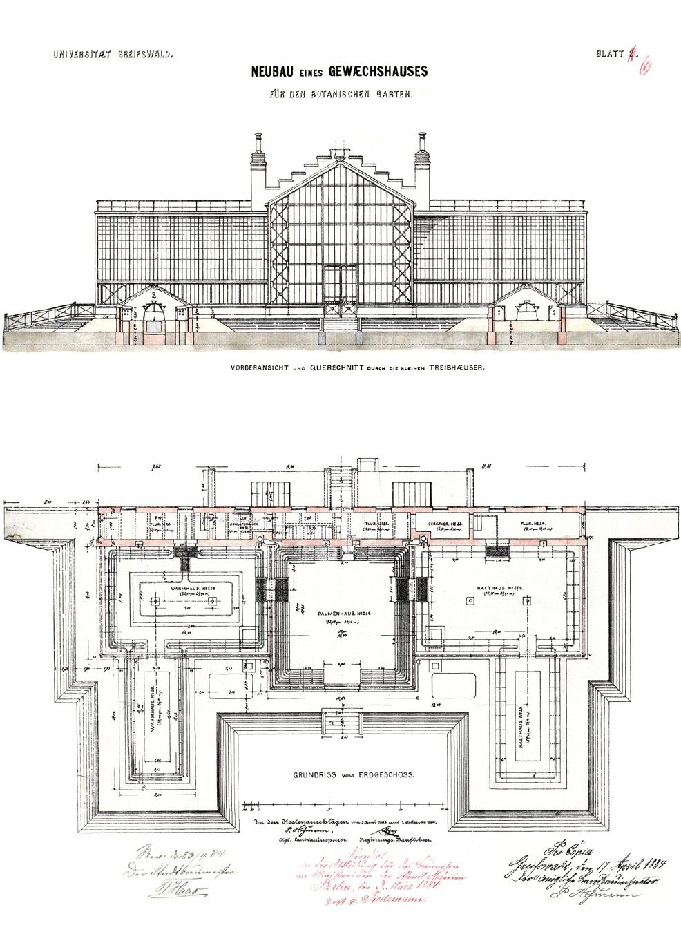 15 Abb. 21 Greifswald, Münterstraße 2. Der 1884 genehmigte Entwurf für die Gewächshausanlage im neuen Botanischen Garten.