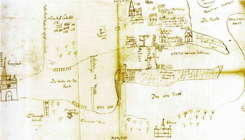 den Jahren um 1600 zeigt die Infrastruktur am Neuen Tief, mit einem Hafenkran, dem Haus des Hafenvogts und einem Leuchtturm (Abb. 4).