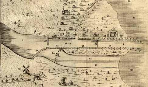 Mündung des Ryck-Flusses auf der Karte der schwedischen Landesaufnahme von 1697 (a) sowie auf einem Kupferstich, der 1756 in einer Abhandlung Augustin von Balthasars erschien (b).