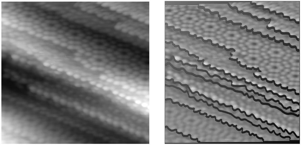 Rastertunnelmikroskop RTM-Bild der Silizium-Oberfläche (111). Das linke Bild zeigt einen 200 200 nm großen Bereich mit einer hohen Dichte atomarer Stufen.