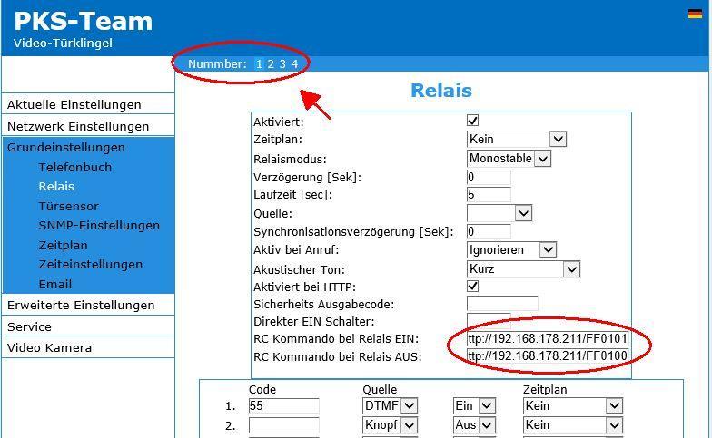 Einrichten der Steuerung in der IP Videoklingel Ihre IP Videoklingel verfügt über 4 Relais. 2 davon sind die physisch vorhandenen Relais in der IP Klingel. 2 weitere sind sogenannte.software Relais.