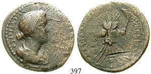 , hält Zweig, den Arm auf eine Säule gestützt, auf der ein Dreizack angebracht ist. Ziegler, Münzen 255 (dieses Exemplar); SNG Levante 544 (stempelgleich); RPC 3710. ex Slg.