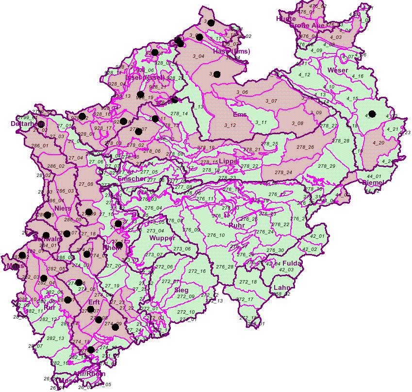 Monitoringergebnisse der Grundwasserkörper in NRW - Chemischer Zustand, Einzelstoffe: Nitrat Nitrat: 23 (24)belastete GWK im RB Düsseldorf (65,8% der Fläche) Rhein: 8x RGN, 3x Lippe, 1x Deltarhein,