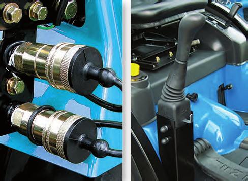 Die Heckzapfwelle, sowie die Zwischenachs- und Frontzapfwelle, werden elektrohydraulisch ohne Kupplung per Knopfdruck zugeschaltet.