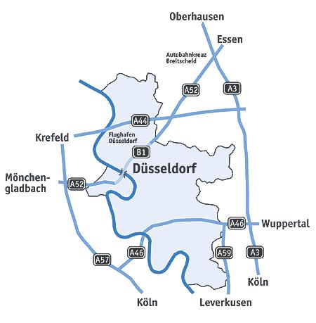 Wegbeschreibung Anreise mit dem Auto Von Norden ab Krefeld A 57 bis Autobahn-Dreieck Neuss zirka 1.