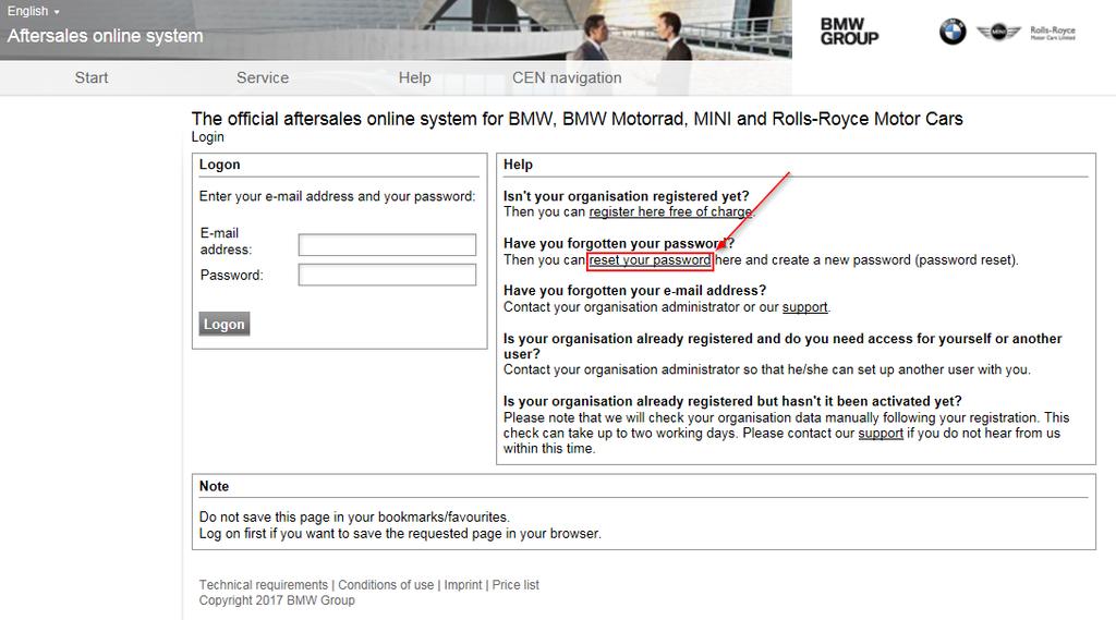 BMW Group Seite 11 2.3.1 Zurücksetzen des Passworts Falls Sie bereits registriert sind und Probleme mit Ihrem Passwort haben, können Sie dieses zurücksetzen.
