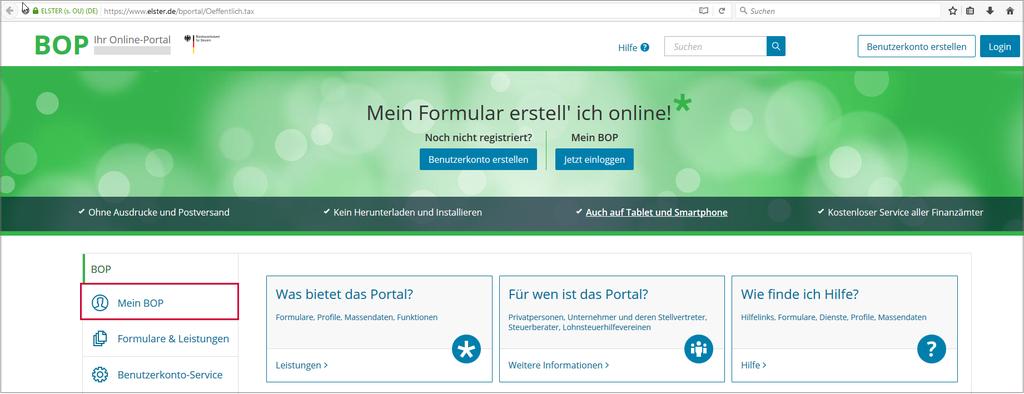 Seite 7 3.3. Steuererklärung im BZStOnline-Portal hochladen Seit dem 01. April 2015 steht im BZStOnline-Portal (BOP) ein Erfassungsformular für die Abgabe der MOSS-Erklärung zur Verfügung.