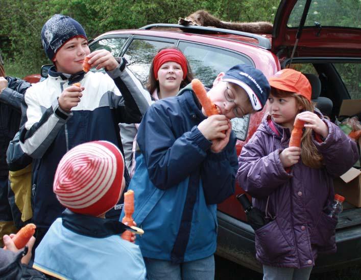Öffentlichkeitsarbeit Abb. 7-4. Biber spielerisch erfahren: Eine Kindergruppe übt das Umnagen von Bäumen mit Karotten.