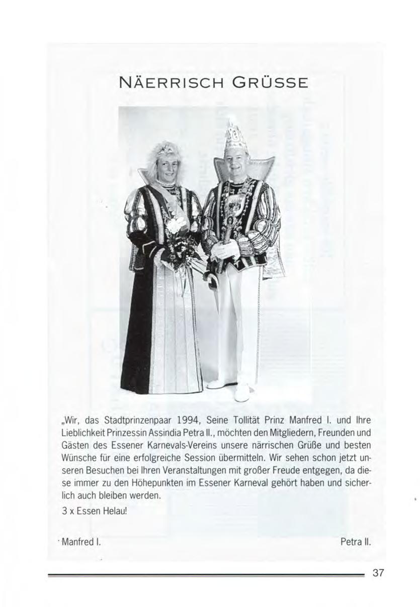 NÄERRISCH GRÜSSE,.Wir, das Stadtprinzenpaar 1994, Seine Tollität Prinz Manfred I. und Ihre Lieblichkeit Prinzessin Assindia Petra II.