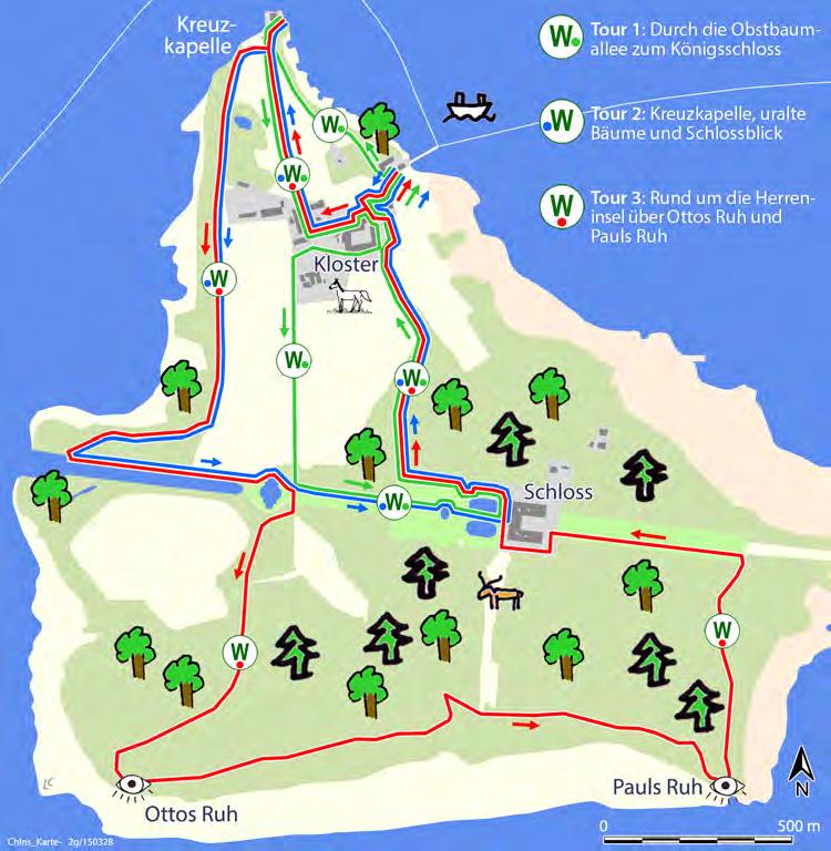 Wandern auf der Herreninsel Die Tour 2 (Blauer Punkt) führt zusätzlich auf einem romantischen Wanderpfad am Westufer der Insel entlang, wobei uralter Baumbestand, Auwald und Vogelkonzert zu genießen