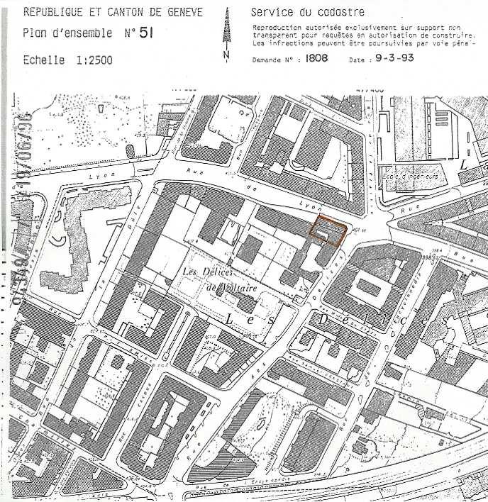 D 4.14: Planausschnitt Rue de Lyon, Rue des Délices; Liegenschaft Rue des Délices 33 Baudepartement des Kantons Genf (Département des constructions et des technologies de l'information, DCTI).